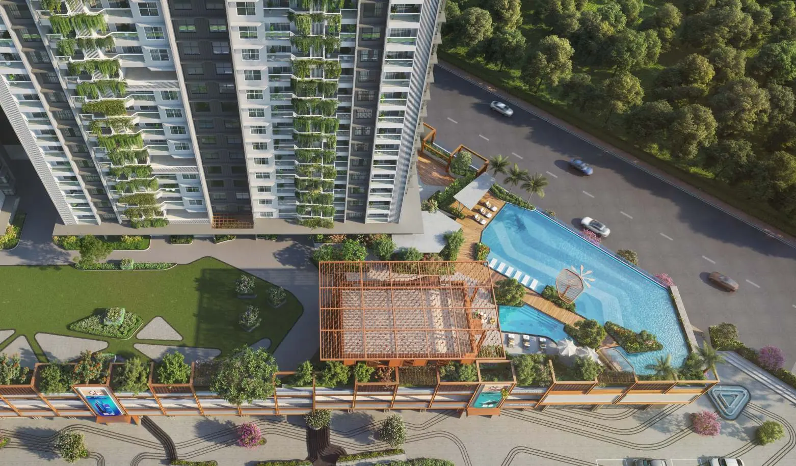 Shubh Veda aerial view of the podium: lawns, the timber pergola clubhouse and the infinity-edge pool beside the 60 m road