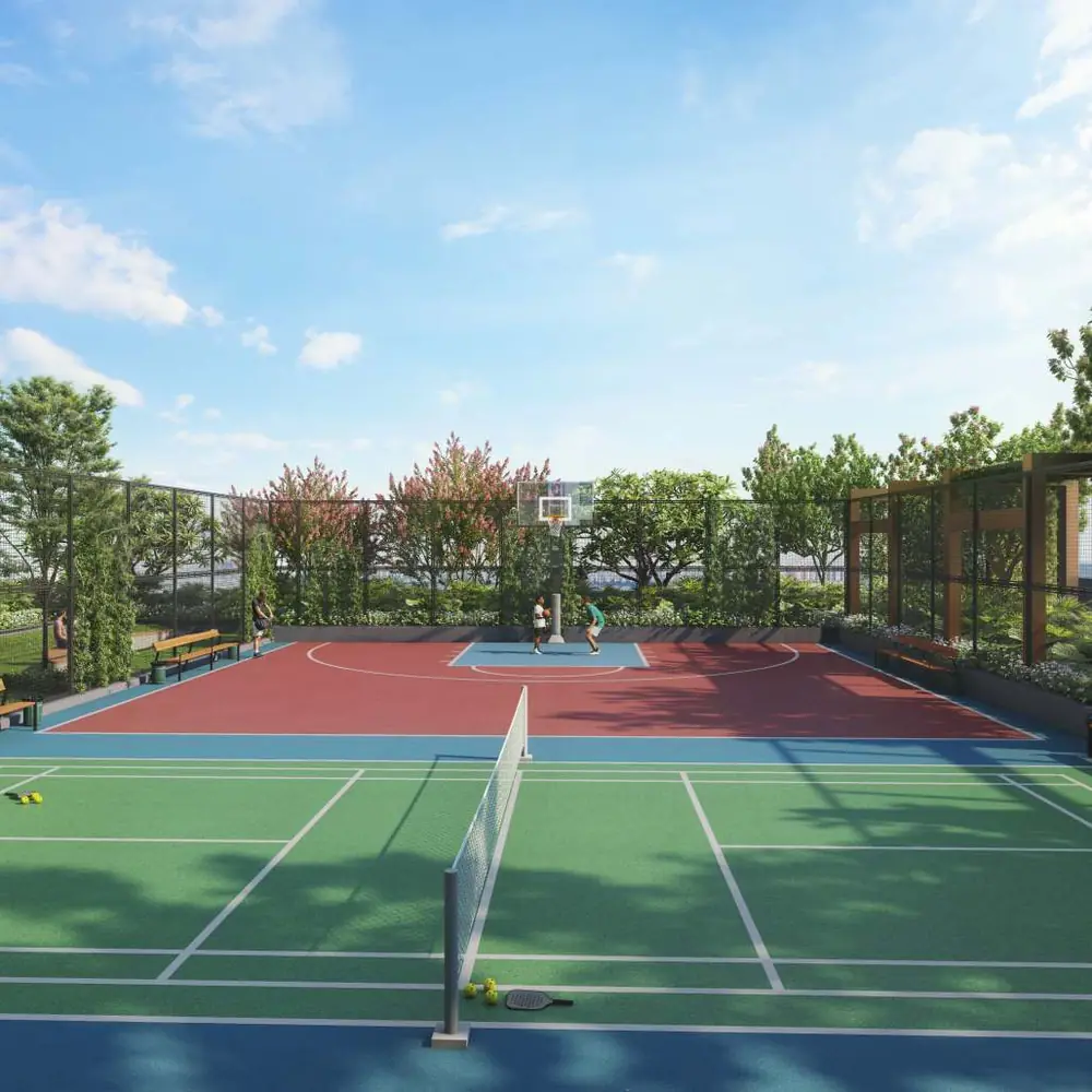 Pickleball and half basketball court on the podium