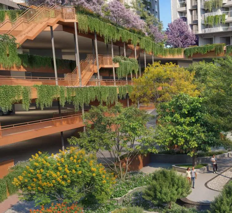 Hanging gardens spilling over podium terraces